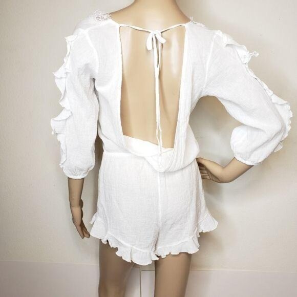 Victorias Secret White Lace Trim Romper Open Back & Tie Long Sleeves Womens S - Picture 5 of 9